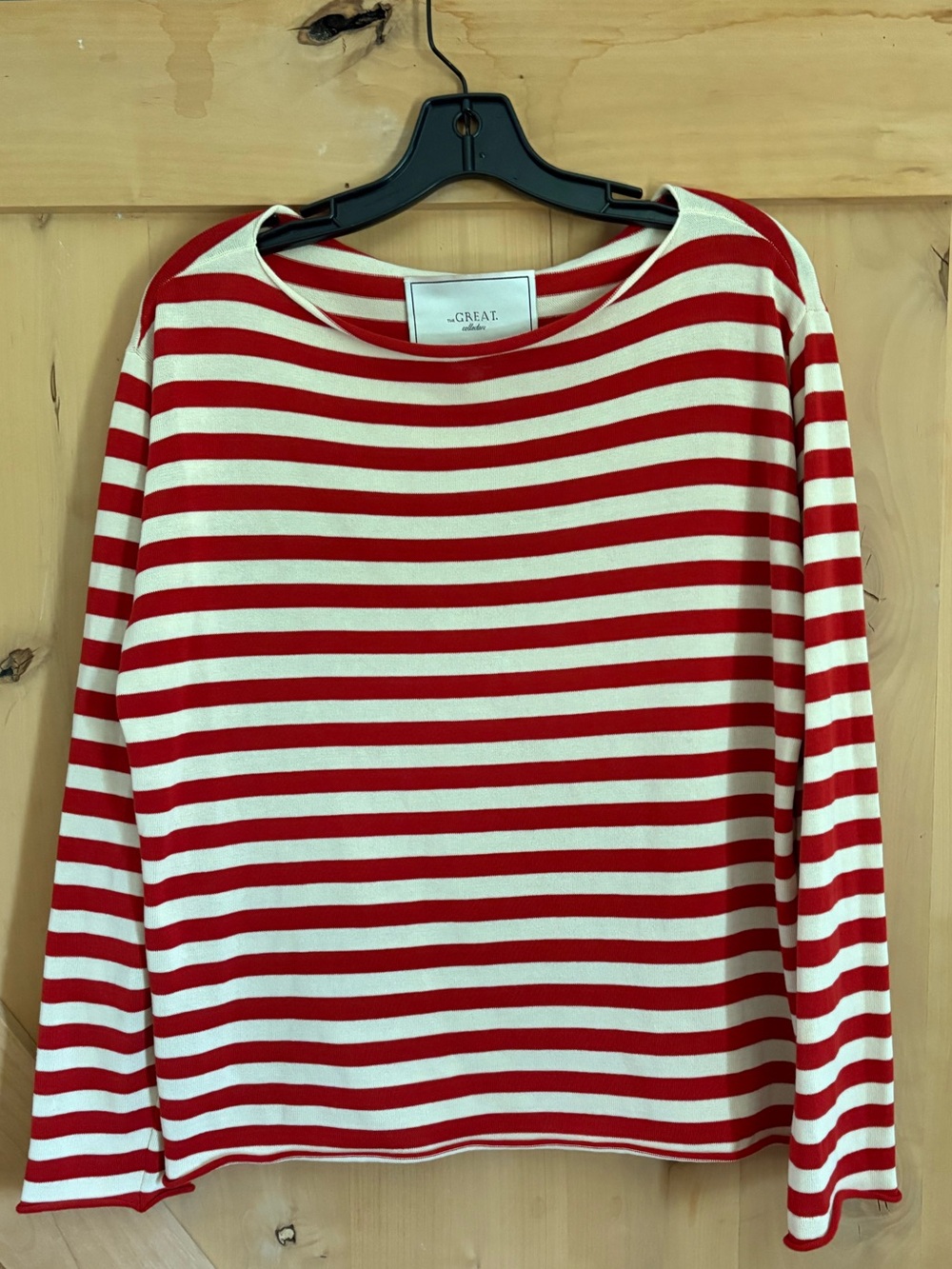 THE GREAT. Red and Cream Striped Boatneck Sweater